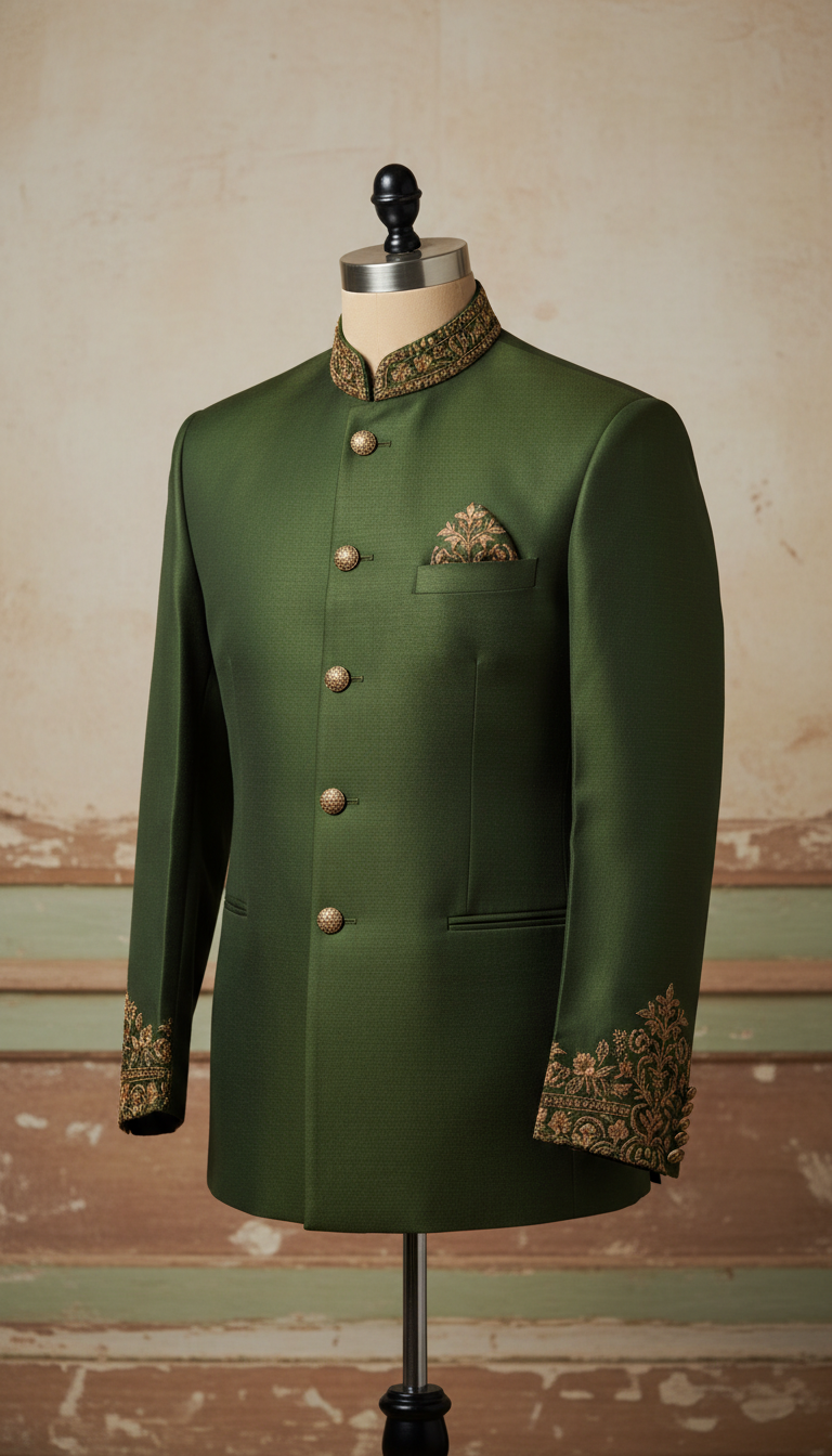 Tailored Bandhgala in Pine Green